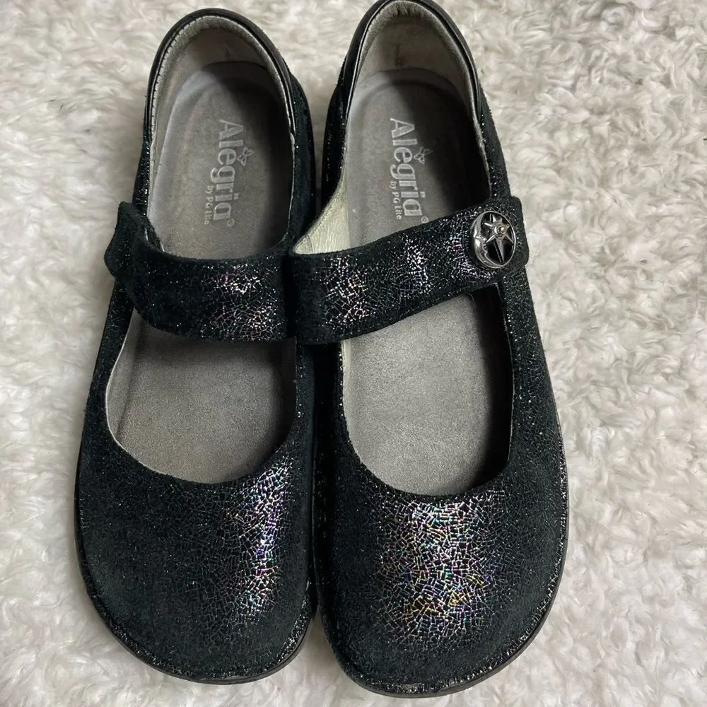 Alegria leather black suede Mary Jane with multi color sparkling glitter…
